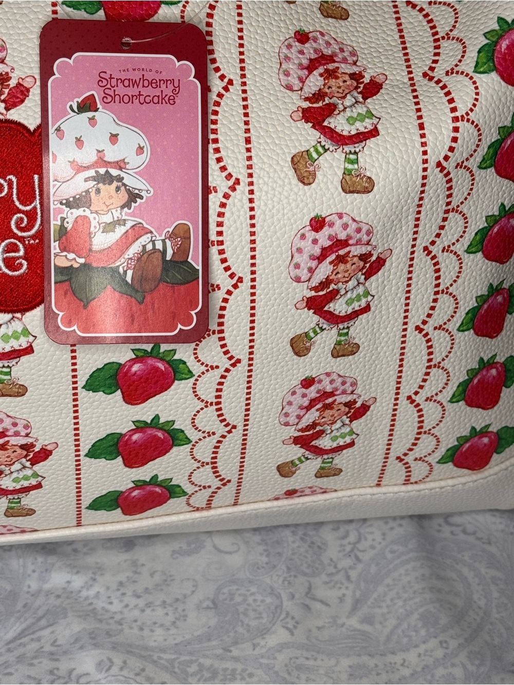 Strawberry Shortcake Pebbled Faux Leather Embroidered Red & Cream Large Duffle - Picture 6 of 14